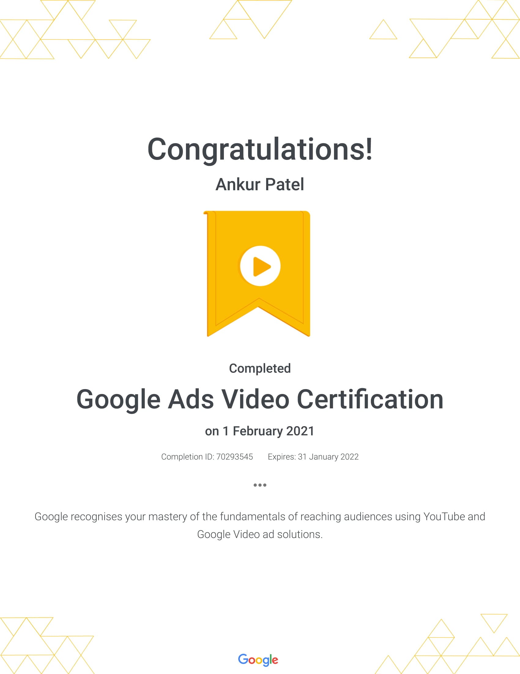 google ads video certification